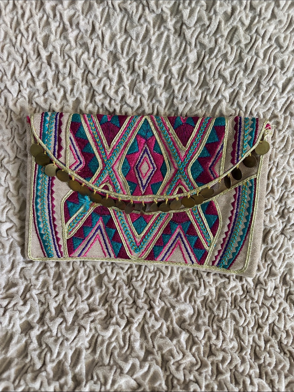 Embroidered Geometric Envelope Clutch in Fuchsia & Teal with Gold Coin Accent